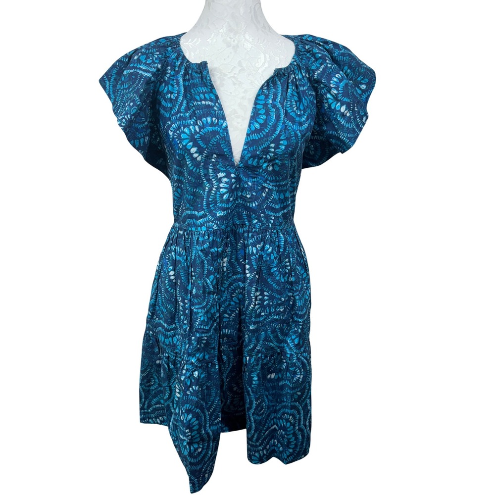 Marie Oliver Kara Blue Maui Burst Flutter Sleeve Tiered Mini Dress Womens XS